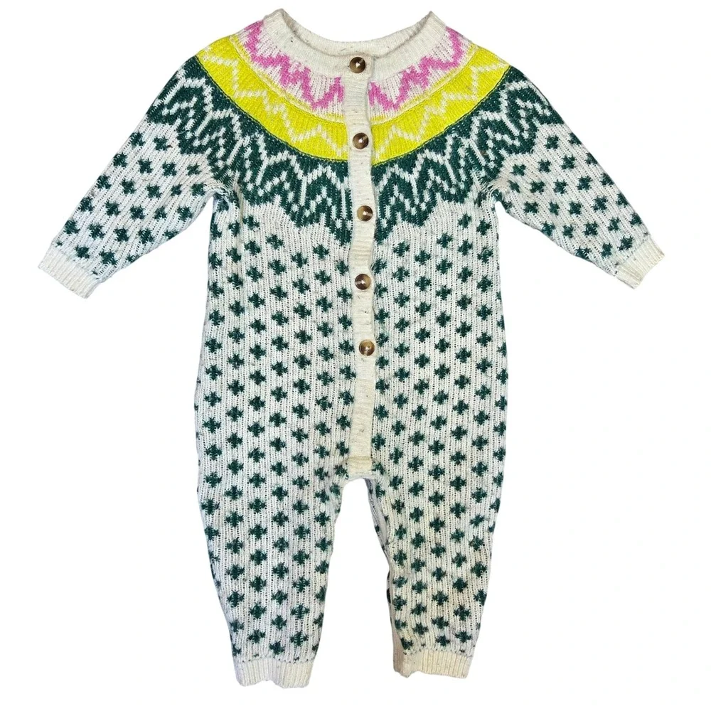 Old Navy Baby Fair Isle Knit Romper Green Yellow Pink 6-12M One-Piece Snaps
